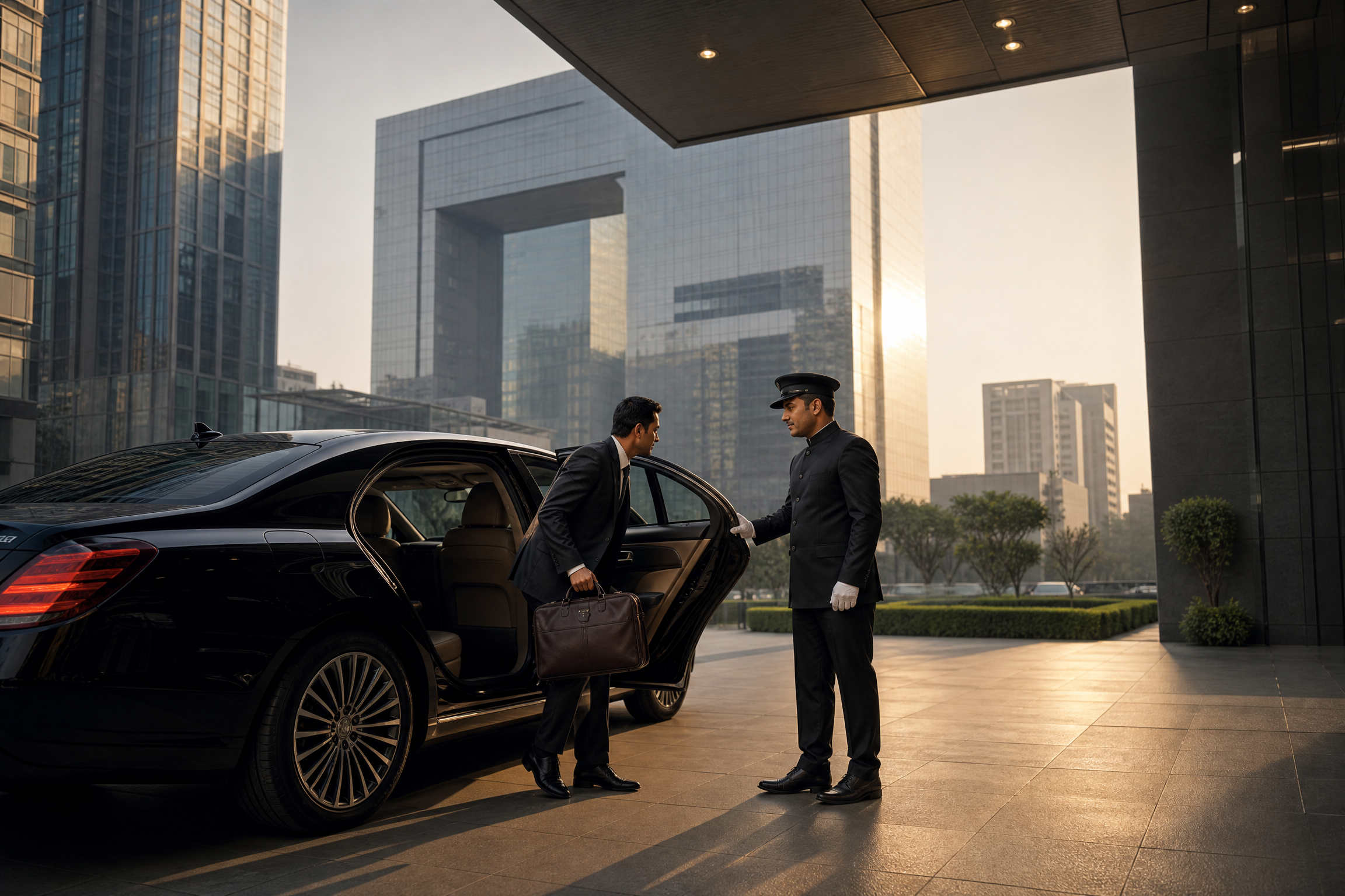 Delhi Corporate Chauffeur Arrival Executive chauffeur-driven car arriving for corporate travel in Delhi