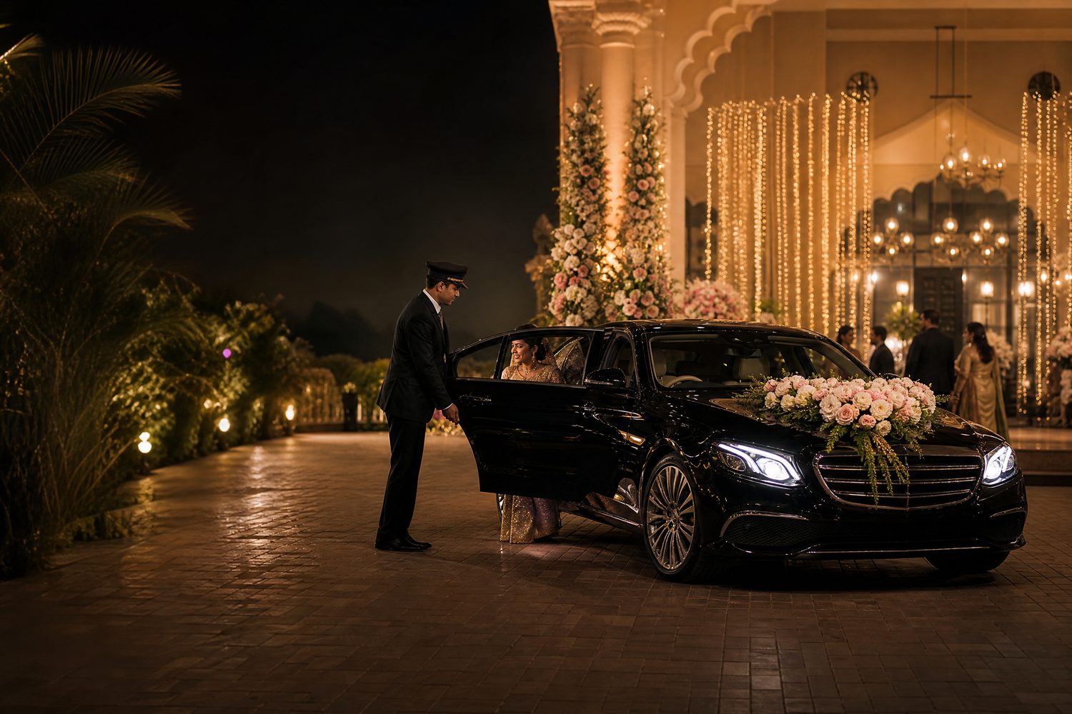 Hyderabad Wedding Car Arrival Premium chauffeur-driven car arriving for a wedding in Hyderabad