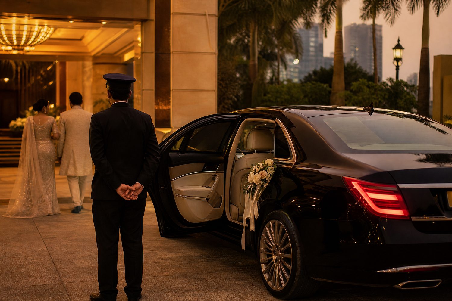 Premium chauffeur-driven car arriving for a wedding in Mumbai