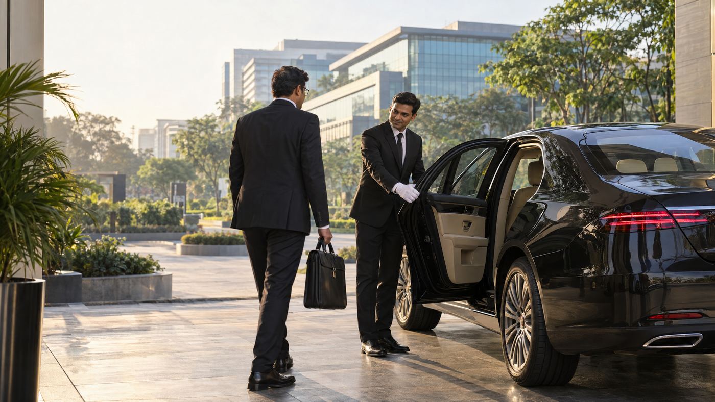 Professional chauffeur opening a sedan door for a business traveller in Bangalore