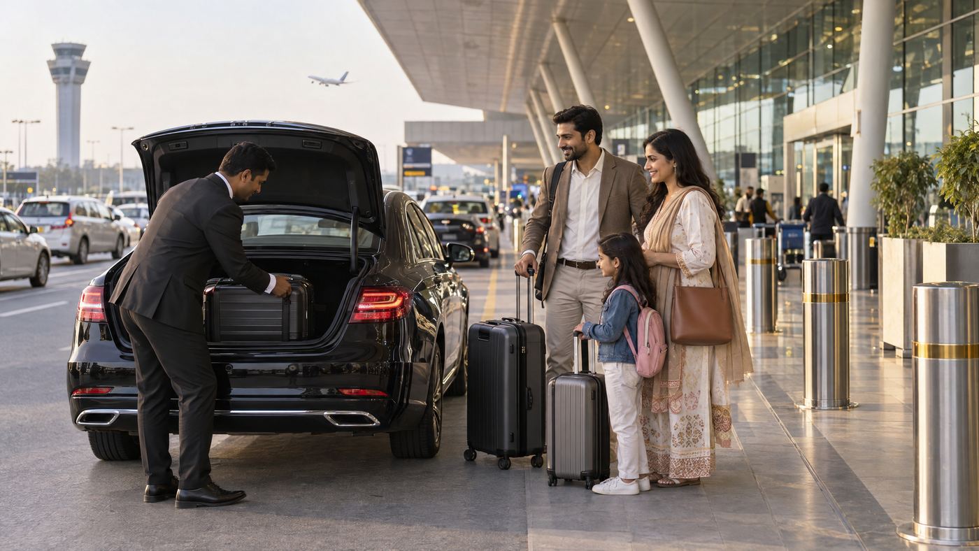 Professional chauffeur assisting passengers with luggage at a Delhi airport pickup