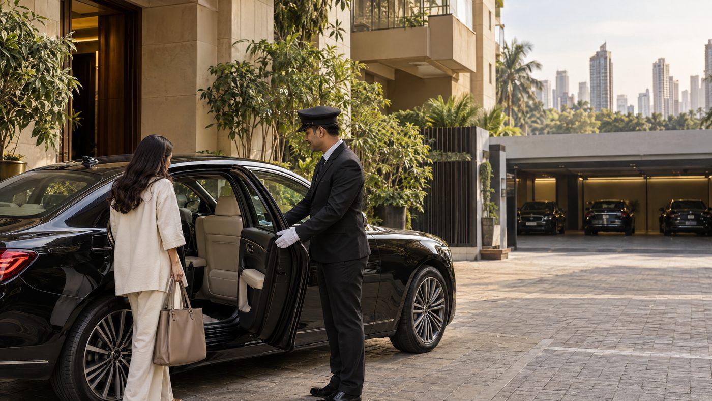 Professional chauffeur beside a sedan near a Mumbai pickup point for garage-to-garage car rental planning