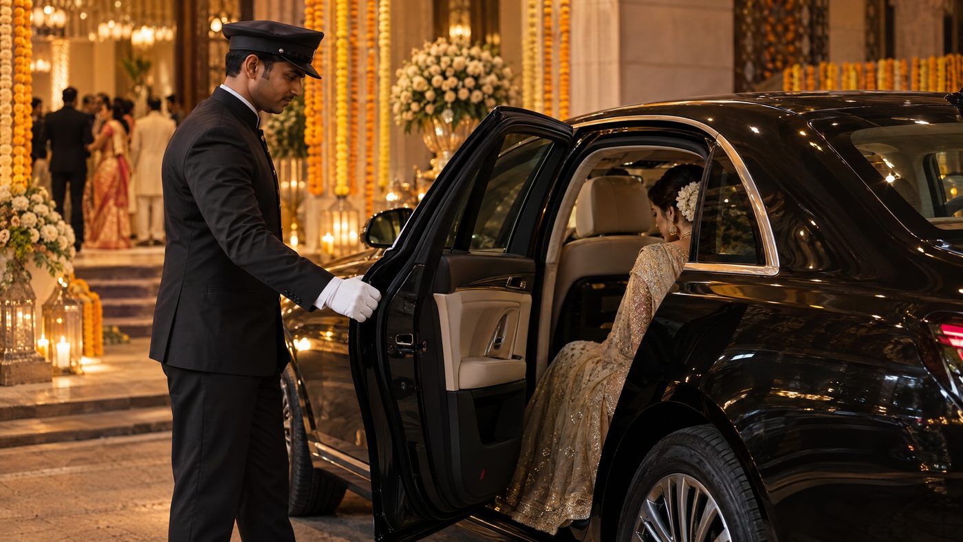 Chauffeur opening a sedan outside a Mumbai wedding venue for wedding car rental planning