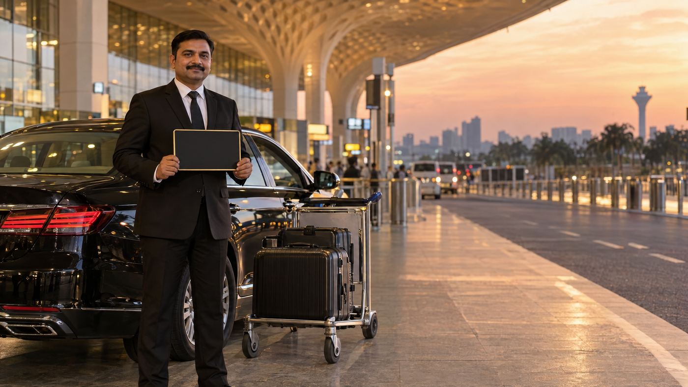 Professional chauffeur assisting passengers at a Mumbai airport pickup