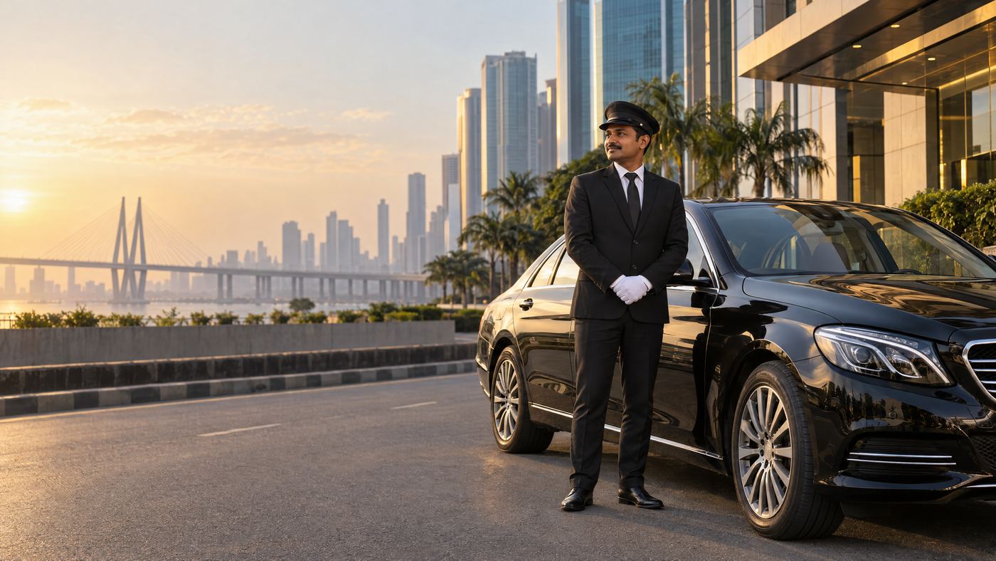 Professional chauffeur beside a sedan in Mumbai during a full-day city travel plan