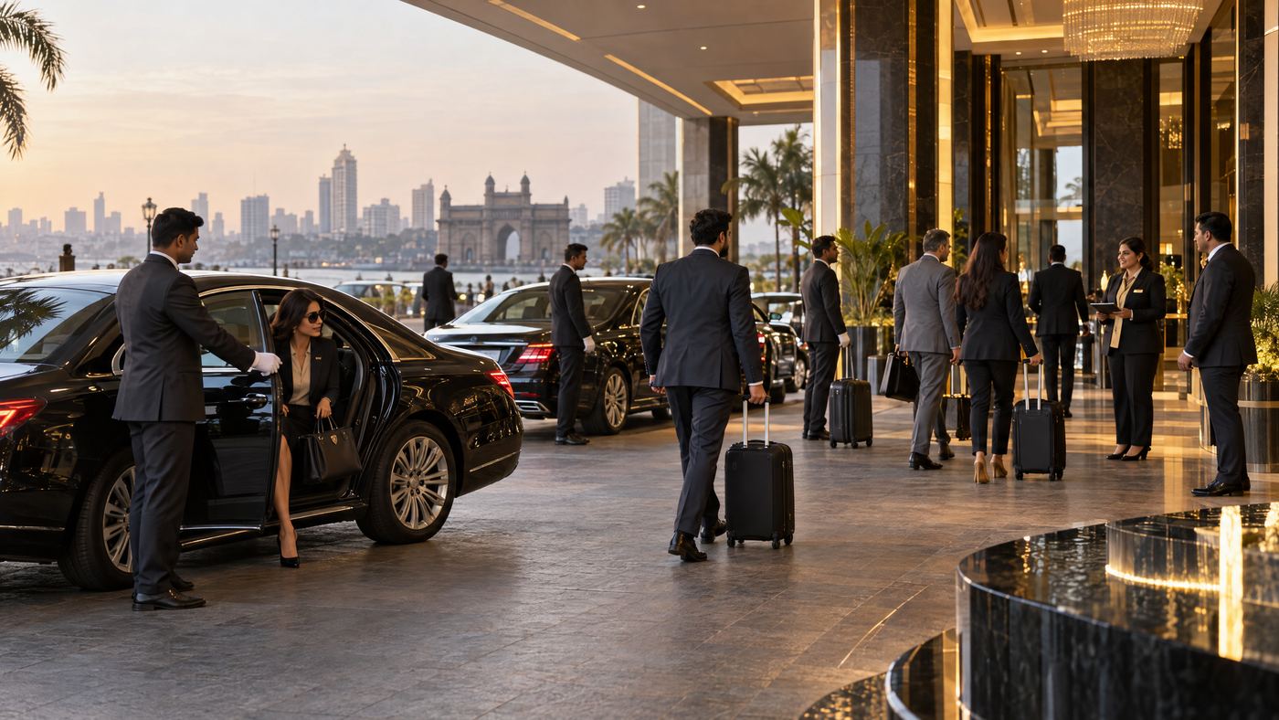 Chauffeur-driven sedans outside a Mumbai hotel for a corporate event